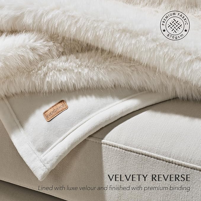 Luxury Faux Fur Throw Blanket, Soft Fluffy Faux Mink Blankets for Bed, Couch, Sofa, Thick Cozy Plush Warm Fur Throws with Reversible Velvet, Ivory Mink, 50"x60"