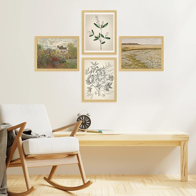 SIGNWIN Framed Poster Bathroom Decor 8"x10"x 4 Natural, Wall Art Room Decor Multicolor for Living Room, Bedroom, Office Autumn Spring Rustic Flower Landscape Classic Vintage Retro Illustrations