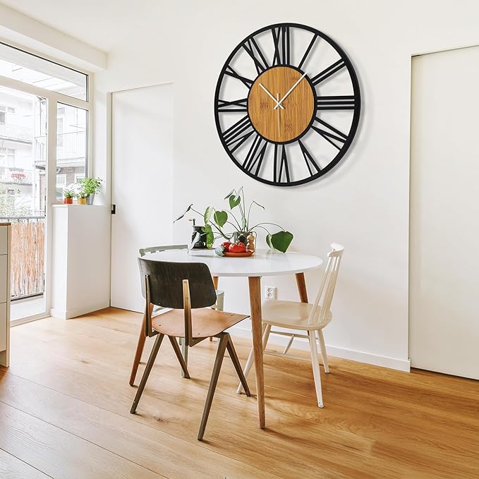 1st owned 40" Large Display Wall Clock for Home Decor - Silent,Battery Operated,Black Metal, Modern, Rustic Wood Clocks for Living Room,Farmhouse,Dining Room,Bedroom,Shop Wall Decor- Roman Numerals