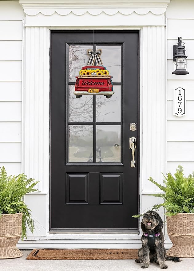 Interchangeable Welcome Sign for Front Door Red Farmhouse Truck Decor Hanging Sign with 11 Interchangeable Seasonal and Holiday Decor Signs 12x14 in. (Country Rustic)