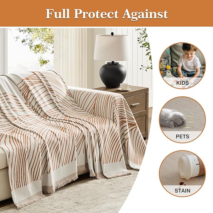 Boho Couch Cover Washable Sectional Couch Covers for Dogs Reversible Sofa Slipcover for 2 or 3 Cushion Couch Pet Friendly Furniture Protector (1# Orange, 91" x 134")