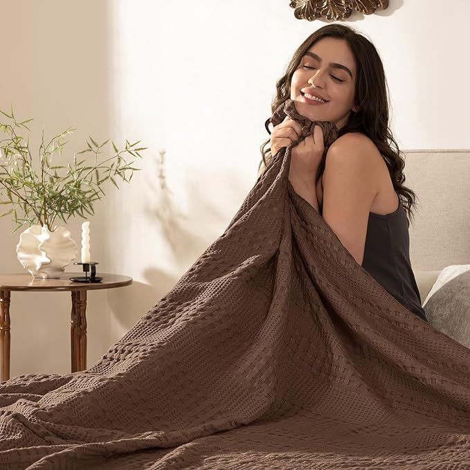 PHF Cooling Waffle Blanket Queen Size, Lightweight 60% Rayon Derived from Bamboo & 40% Cotton Breathable Blanket for Hot Sleepers, Soft and Luxury for Bed Couch and Sofa, 90"x90", Cocoa Brown