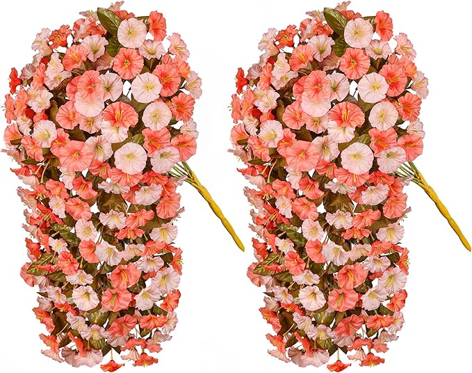 HyeFlora Artificial Fake Fall Hanging Flowers for Outdoor Decor, 2PCS Faux Silk Morning Glory Hanging Plants Mums Vine for Home Garden Wall Party Indoor Outside Decoration (Fall Orange+Light Orange)