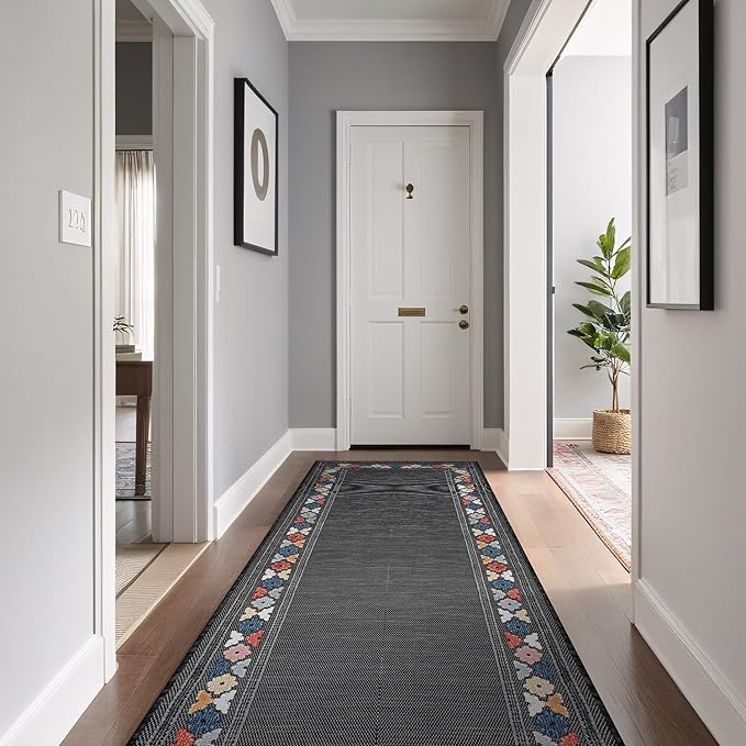 Beverly Rug Outdoor Runner Rug 2x7 Modern Floral Bordered Area Rugs for Indoor and Outdoor Patio Easy to Clean Non Shedding Living Room Porch Garden Washable Outside Carpet (2 x 7 Dark Gray)