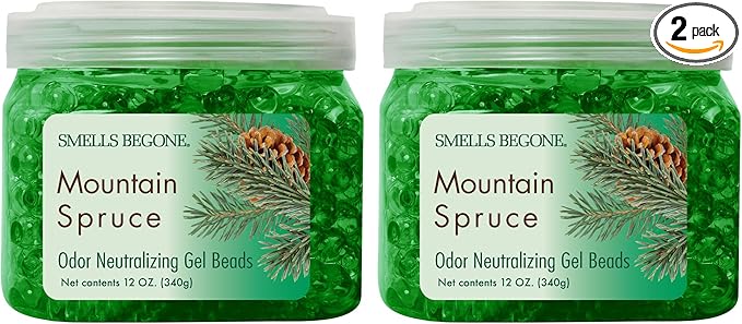 SMELLS BEGONE Odor Eliminator Gel Beads - Air Freshener - Made with Essential Oils - Eliminates Odors in Pet Areas, Bathrooms, Boats, RVs & Cars - Mountain Spruce Scent - 12 Ounce - 2 Pack