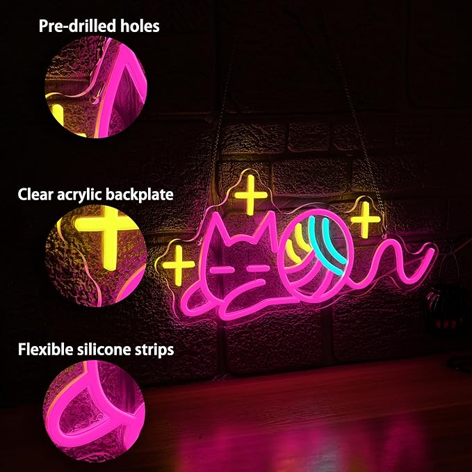 Star Cat Neon Sign with Dimmer Switch,Colorful Ball Neon Light Pink Cat Light up Sign for Bedroom Kids Room decoration (16.54 * 8.27In)