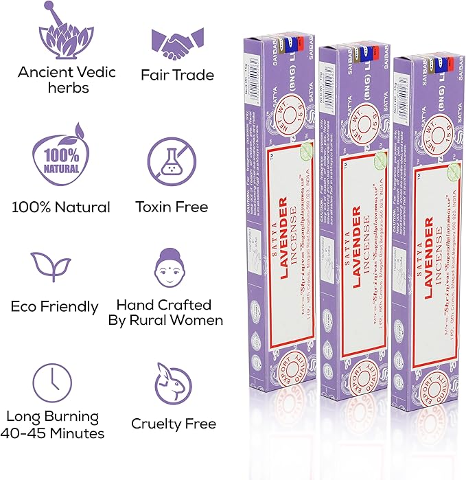 Satya Lavender Incense Sticks, Satya Bng (Bangalore) Insenses 15gmx12 Pack with Raajsee Incense Holder Bundle, Satya Nagchampa Natural Incense