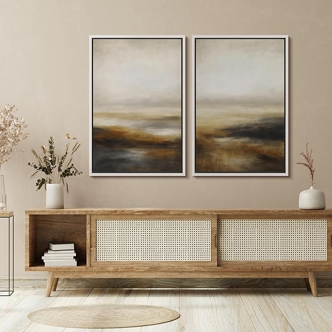 SIGNFORD Framed Canvas Print Wall Art Set Abstract Neutral Landscape Modern Beige and Brown Illustration Modern Art Decorative Nordic Nature for Living Room, Bedroom, Office - 16"x24"x2 White
