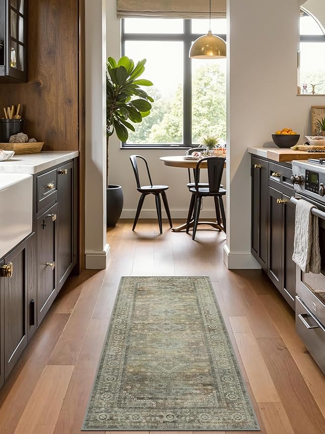 Runner Rug for Hallway Kitchen, 2x5 Machine Washable Runners Rug for Entryway, Soft Modern Boho Throw Rugs, Low Pile Floor Cover with Non Slip Backing, Distressed Light Greyish Sage Green