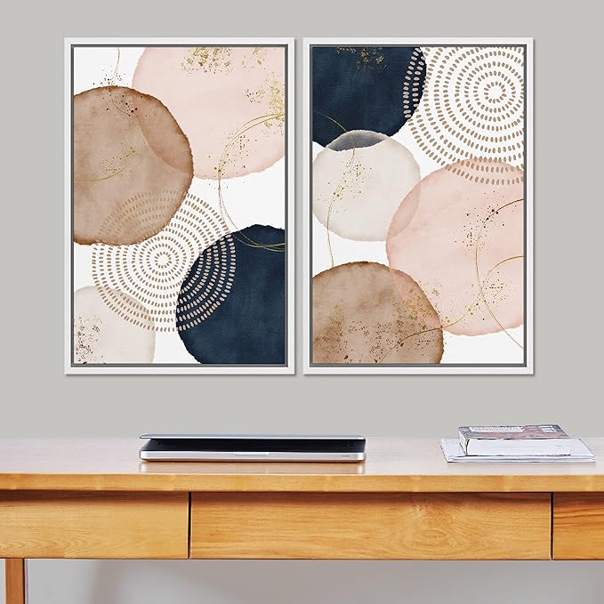 SIGNFORD Framed Wall Art Print Set Pastel Watercolor Vibrant Circle Collage Abstract Shapes Illustrations Modern Minimalist Relax/Calm Multicolor for Living Room, Bedroom, Office - 16"x24"x2 White