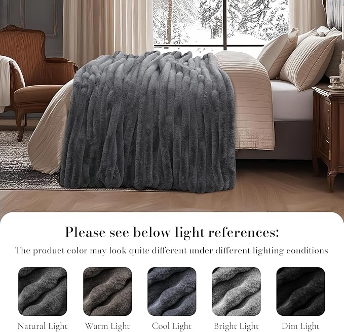 Amélie Home Faux Fur Throw Blanket for Couch, Ultra Cozy Fuzzy Fluffy Fur Luxurious Soft Striped Plush Gift Blankets for Family Sofa Chair Bed Living Room Bedroom, 60"x80", Ionic Wolf Gray