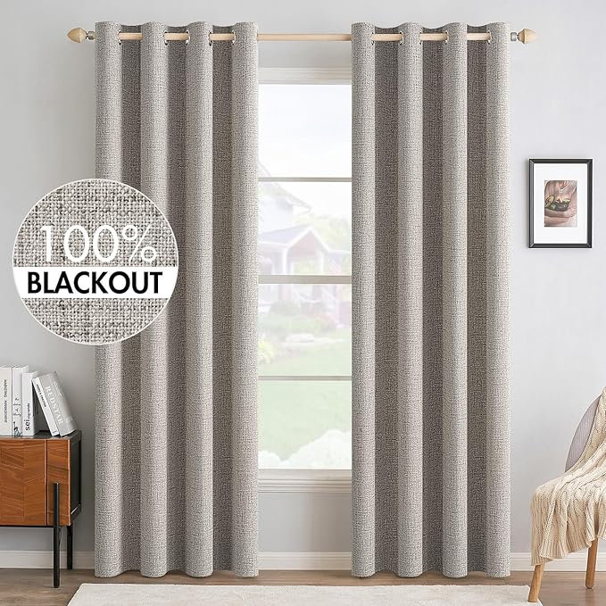 MIULEE 100% Blackout Linen Textured Curtains for Bedroom Solid Thermal Insulated Warm Taupe Grommet Room Darkening Curtains & Drapes Luxury Decor for Living Room Nursery 52 x 108 Inch (2 Panels)