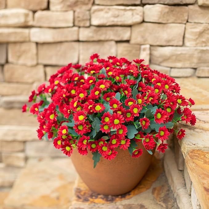 Daisy Artificial Flowers for Outdoors Fall Autumn Decoration, 6 Bundles Fake Mums Red Silk Flowers for Outside Look Real UV Resistant Fake Plants Faux Flowers for Planter Front Door Home Indoor Porch