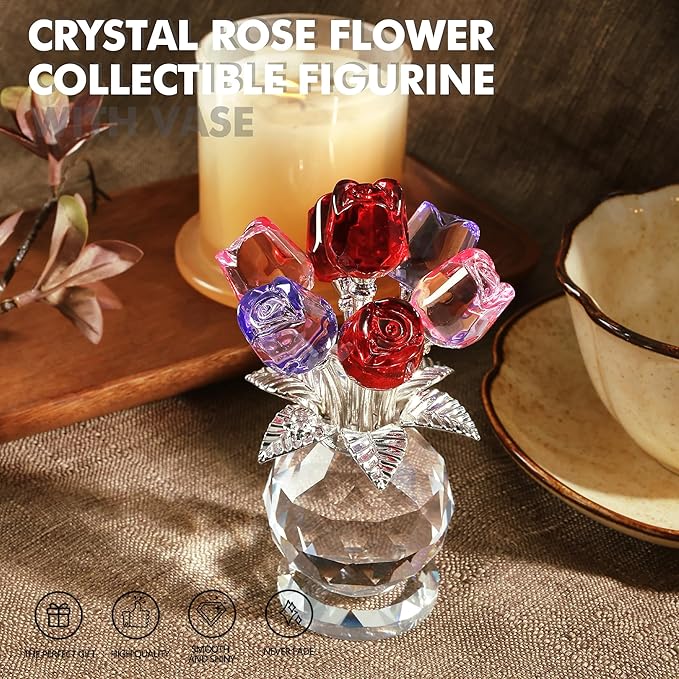Crystal Rose Bouquet Flower Figurine Pink Purple and Red Flower Ornaments Gift for Lover