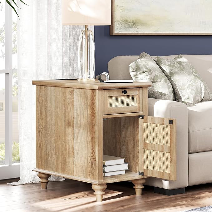 WAMPAT Farmhouse End Table with Charging Station, Rattan Side Table with Drawer & Storage Cabinet, Wooden Oak Nightstand with Power Outlets & USB Ports for Living Room, Bedroom, Burlywood