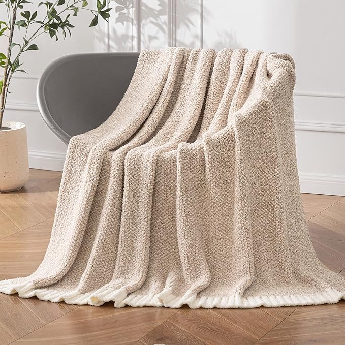 MIULEE Beige Super Soft Throw Blanket for Bed, Twin Size Cozy Fluffy Warm Blankets Knit Blankets for Couch, Sofa, Chair, Living Room, Camping, Picnic, 60 x 80 inch