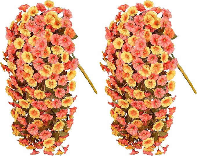 HyeFlora Artificial Fake Fall Hanging Flowers Plants for Outdoor Decor, 2PCS Faux Silk Fall Morning Glory Trailing Vines UV Resistant Look Real for Autumn Home Planter Porch Patio (Orange+Yellow)