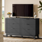 Fluted Dresser with 6 Drawers, 54" Wide Modern Chest of Drawers with Metal Handle, Wooden Dresser TV Stand, Wood Closet Clothes Storage Organizer for Bedroom, Living Room, Hallway, Solid Black
