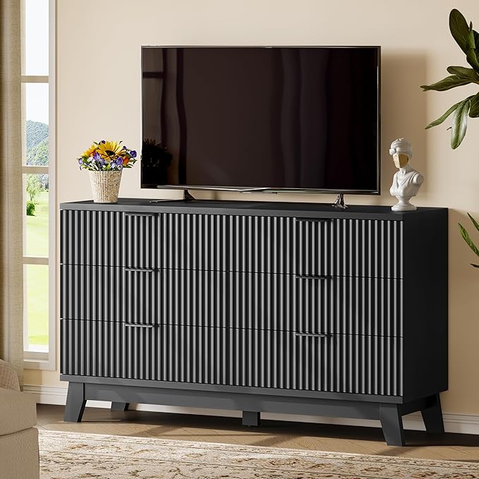 Fluted Dresser with 6 Drawers, 54" Wide Modern Chest of Drawers with Metal Handle, Wooden Dresser TV Stand, Wood Closet Clothes Storage Organizer for Bedroom, Living Room, Hallway, Solid Black