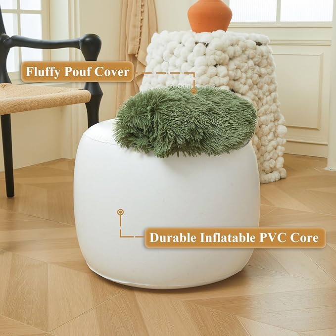 XeGe Fluffy Faux Fur Inflatable Pouf Ottoman, Cozy Portable Shaggy Fuzzy Foot Stool Moss, Plush Furry Foot Rest Floor Pouf, Round Ottoman Cushion for Living Room Bedroom Home Decor, Sage Green