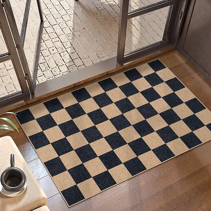Lahome Checkered Easy Jute 2x3 Rug, Small Entryway Rug Non Slip Kitchen Front Door Mat, Farmhouse Neutral Area Rug Non Shedding Low Pile Floor Carpet for Foyer Porch Doorway
