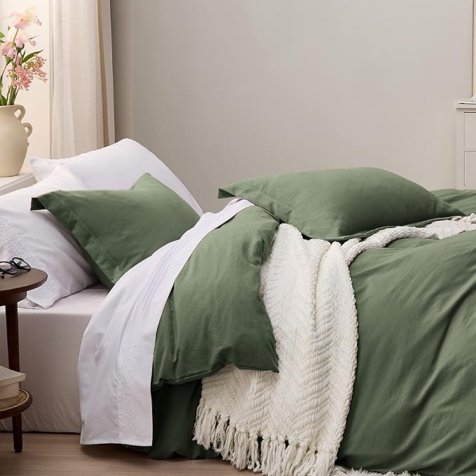 Bedsure Olive Green Oversized Queen Duvet Cover - 3 Pieces Prewashed Cotton-Like Extra Soft Bedding Set, Includes 1 Duvet Cover 98x98 Inches with Zipper Closure & 2 Pillow Shams, No Comforter
