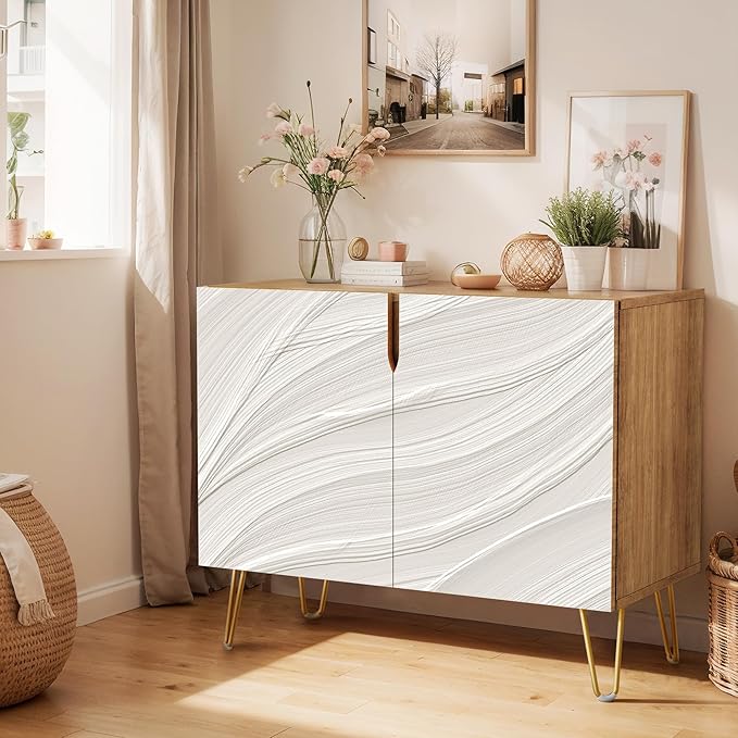 SIGNWIN Sideboard Buffet Cabinet, Kitchen Storage Cabinet with 2 Doors, Gray & White Paint Stroke, Cupboard Console Table for Dining Room - 35" L x 18" W x 29" H