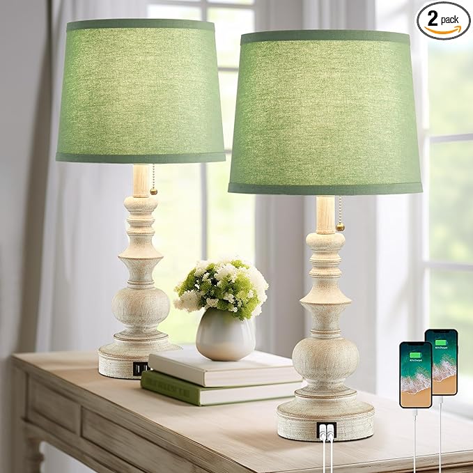 22'' Farmhouse Lamps for Bedrooms Set of 2 Bedside Lamps for Nightstand with USB Charging Ports Traditional Boho Table Lamps for Living Room Study Room,Green Shade,Bulbs Not Included