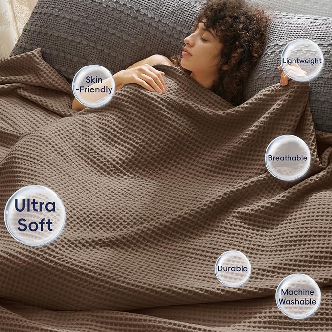 PHF Ultra Soft Waffle Weave Blanket King Size Cocoa Brown（104"x 90"）- Washed Lightweight Breathable Cozy Woven Blanket for Bed - Aesthetic Decor for Couch Bedding Sofa Home Car