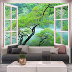 FENDROM Misty Lake Forest Tapestry Wall Hanging Nature Green Tree Landscape Window View Tapestries for Bedroom Living Room Dorm Decor