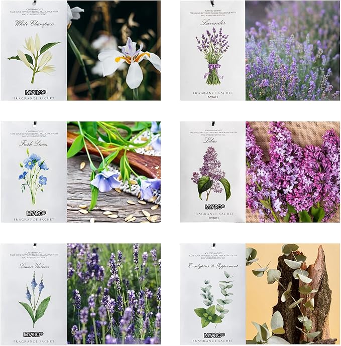 MYARO 12 Pcs Scented Sachets for Drawer and Closet, Long-Lasting Sachets Bags Air Freshener, Potpourri Bags 6 Fresh Scents - Lavender, Linen, Lilac, Eucalyptus Mint, Lemon Verbena, White Champaca