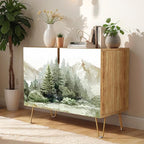 SIGNWIN Sideboard Buffet Cabinet, Kitchen Storage Cabinet with 2 Doors, Pastel Watercolor Pine Tree Fores, Cupboard Console Table for Dining Room - 35" L x 18" W x 29" H