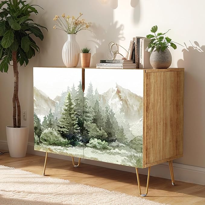 SIGNWIN Sideboard Buffet Cabinet, Kitchen Storage Cabinet with 2 Doors, Pastel Watercolor Pine Tree Fores, Cupboard Console Table for Dining Room - 35" L x 18" W x 29" H