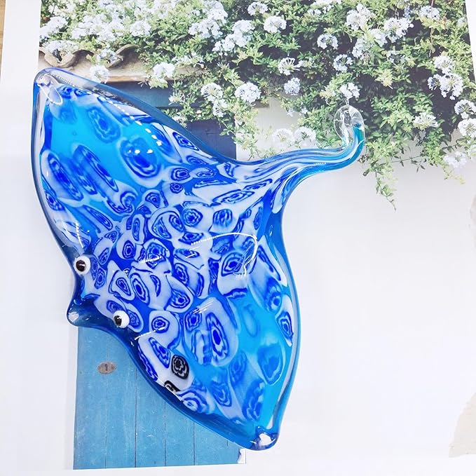 Crystal Devil Fish Figurine Hand Blown Glass Manta Ray Statue Collectibles Ocean Art Sea Animal Home Table Decor Gift Blue 4.7''