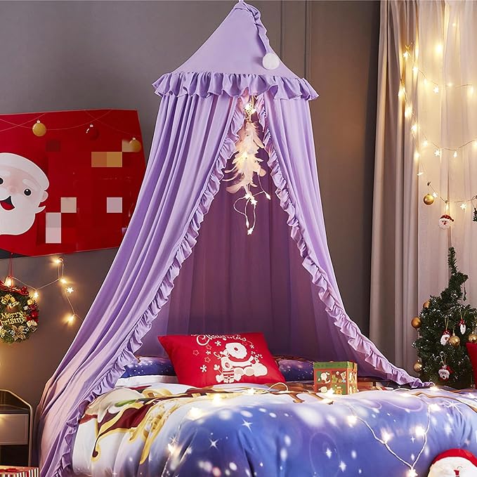 VETHIN Bed Canopy for Girls,Princess Round Dome Dreamy Mosquito Net Bedding Girls Room Castle Play Tent Hanging House Decor Reading Nook Canopies (Purple)