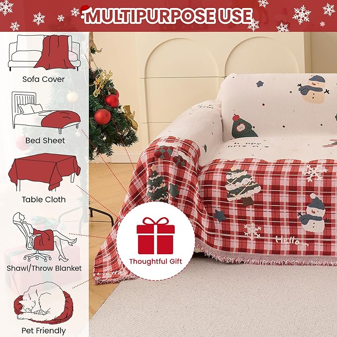 Chenille Armchair Sofa Slipcover Washable Furniture Protector Recliner Couch Cover 1-Piece Cushion Stain Resistant Chair Cover Soft Breathable Couch Cover Blanket, Red Plaid 71"x 118"