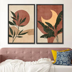 SIGNFORD Framed Canvas Print Wall Art Set Sun & Moon Mid-Century Desert Plants Abstract Shapes Illustration Modern Art Decorative Nordic Nature for Living Room, Bedroom, Office - 16"x24"x2 Black