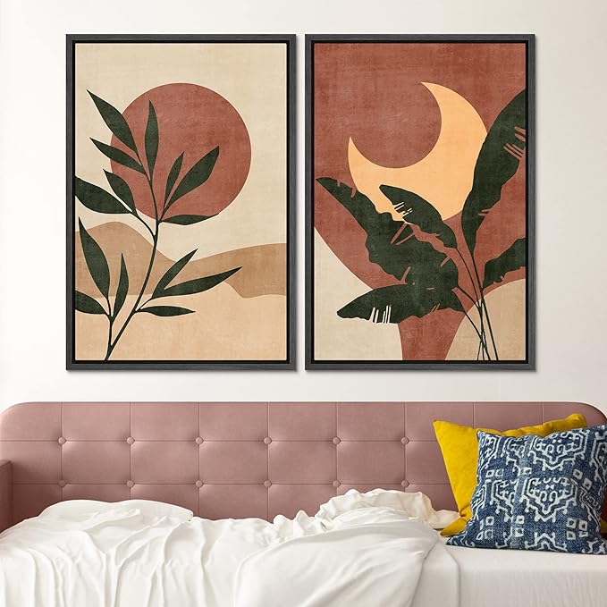 SIGNFORD Framed Canvas Print Wall Art Set Sun & Moon Mid-Century Desert Plants Abstract Shapes Illustration Modern Art Decorative Nordic Nature for Living Room, Bedroom, Office - 24"x36"x2 Black