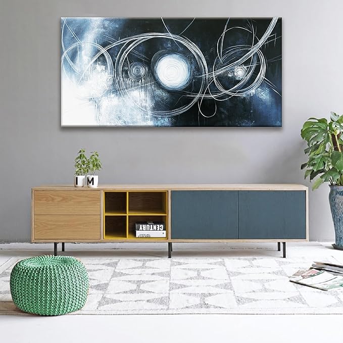 TAIJXAGSG Large Abstract Wall Art For Living Room Modern Dark Blue Wall Canvas Decorations White Line Canvas Wall Art Decor Prints Artwork Bedroom Kitchen Office Home Wall Artwork 29"×58"