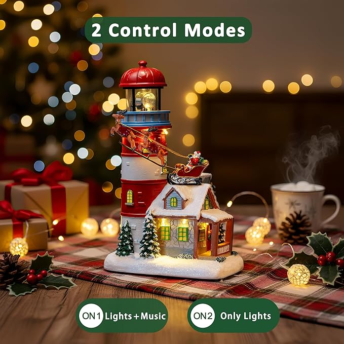 Musical Christmas Village Figurines Lighthouse & Flying Santa Collectibles Building Statues, Battery & USB Christmas Home Decor Gifts Festive Holiday Decorations