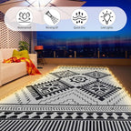 6x9ft Waterproof Outdoor Rug with LED Lights, Boho Reversible Plastic Straw Mat for Patio RV Camping Picnic Balcony Beach Deck Indoor Outdoor Carpet, Black&White