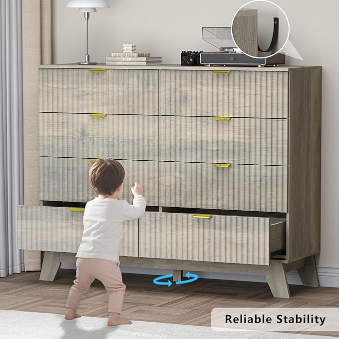 Fluted 8 Drawer Tall Dresser, 47.2" Wide Modern Boho Chest of Drawers, Wooden Storage Dresser TV Stand for Bedroom, Living Room, Closet, Hallway, Curved Profile Design