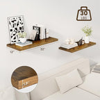 32" Floating Shelves for Wall, 12" Deep Slim Rustic Brown Floating Shelves, Wall-Mounted Shelves for Bedroom, Living Room, Kitchen, Bathroom - Set of 2