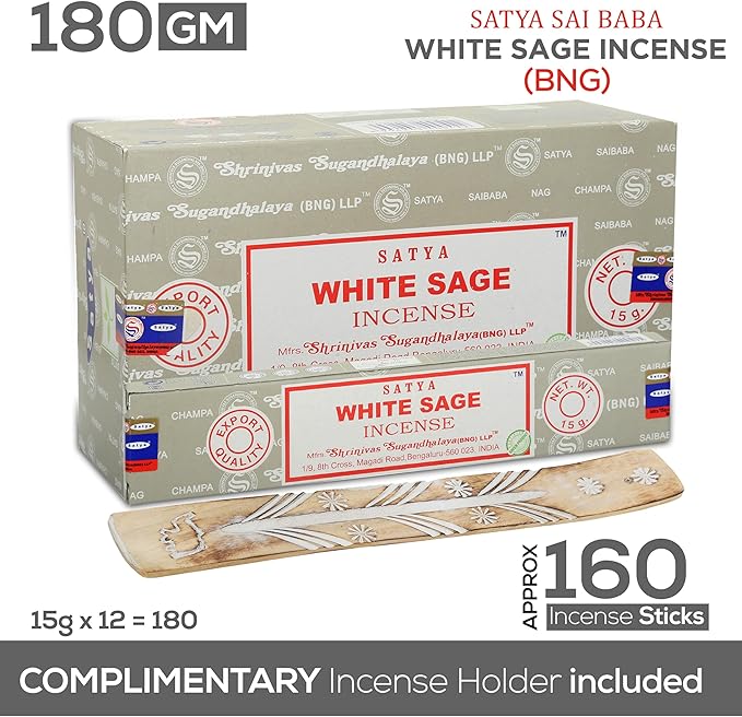 Satya Nag Champa White Sage Incense Sticks, SatyaBng (Bangalore) Insenses 15gmx12 Pack with Raajsee Insence Holder Bundle, Nag Champa Natural Incense