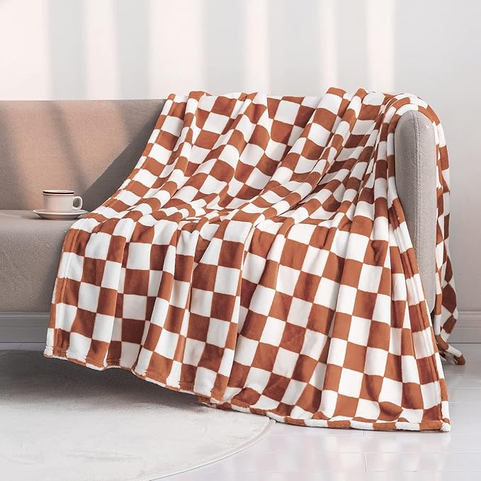 LOMAO Throw Blankets Flannel Blanket with Checkerboard Grid Pattern Soft Throw Blanket for Couch, Bed, Sofa Luxurious Warm and Cozy for All Seasons (Maple Brown, 90"x110")