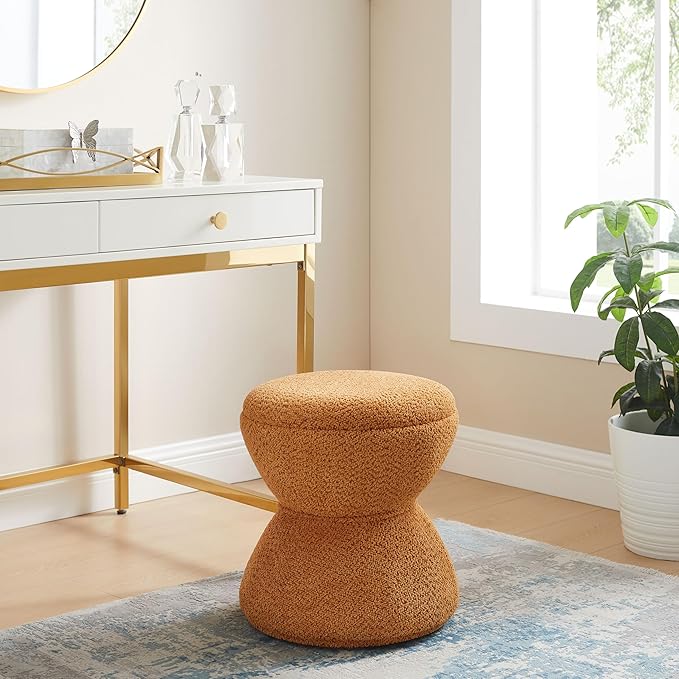 VANOMi Multi-Functional Boucle Ottoman, Vanity Stool Chair, Sturdy Rotating Wooden Footstool, Suitable for Living Room, Bedroom, and Entryway, Without Installation, Swivel, Curry