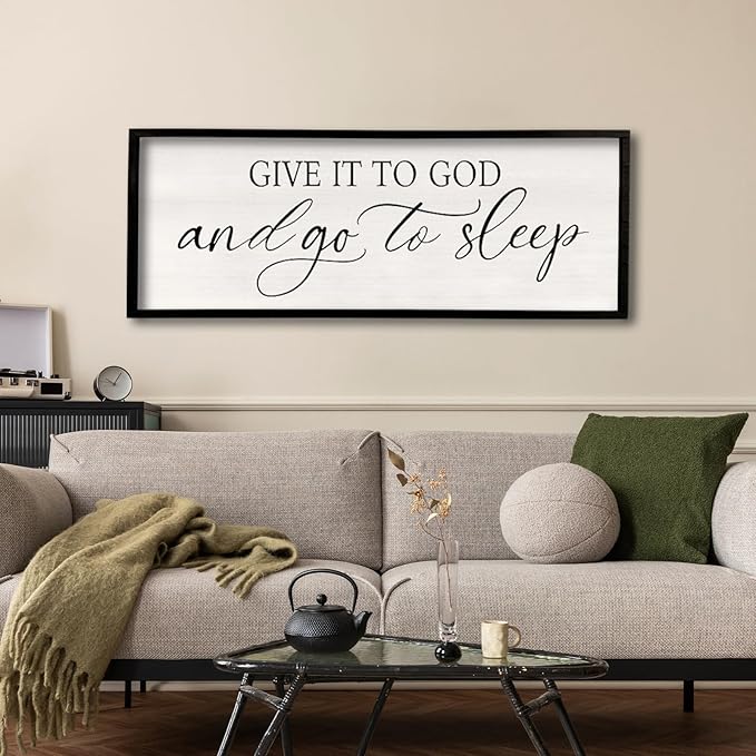 comurdyo Give It To God And Go to Sleep Sign 40''×15'' Master Bedroom Above Bed Wall Decor Wood Framed Couple Large Farmhouse Guest Room Rustic Simple Over Bedside Wall Art Hanging Decor (Black)