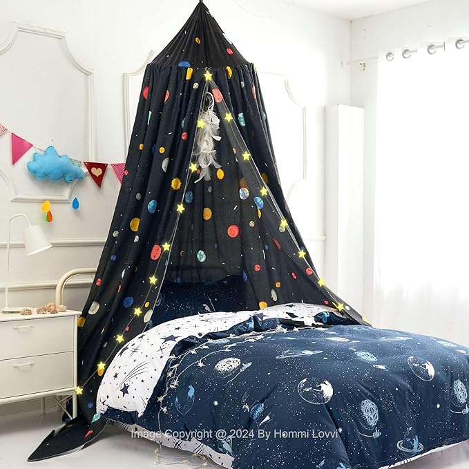 Space Planets Print Kids Bed Canopy, Girls Princess Canopy Dreamy Room Decor, Soft Hanging Reading Nook Play Tent Canopy, Extra Large Full Size Bed Canopy with String Light