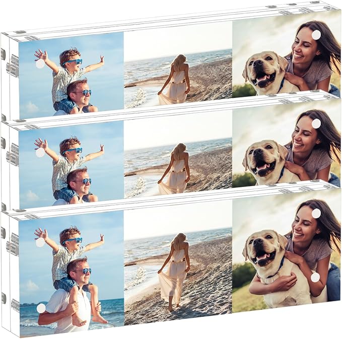 ILYXY 3 Pack Acrylic Frame 2x6, 20% Thicker, 20mm Thick Frameless Clear Picture Frame, Double Sided Magnetic Photo Frame, Free Standing Desktop Display Stand Acrylic Picture Frames
