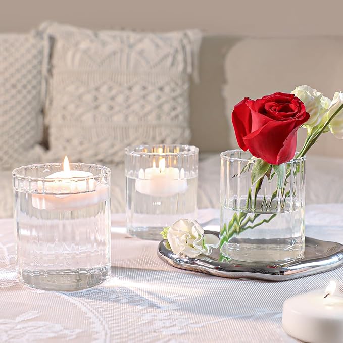 ComSaf 6pcs Mini Glass Cylinder Vases 3.9 Inch Tall, Small Vase for Flowers, Short Ribbed Vases for Centerpieces, Clear Hurricane Glass Candle Holders for Table Party Home Decor